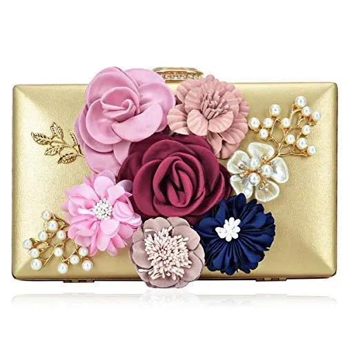 Women Flower Evening Bag Prom Cocktail Clutch with Pearl Beaded