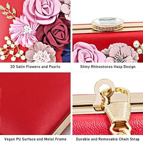 Women Flower Evening Bag Prom Cocktail Clutch with Pearl Beaded