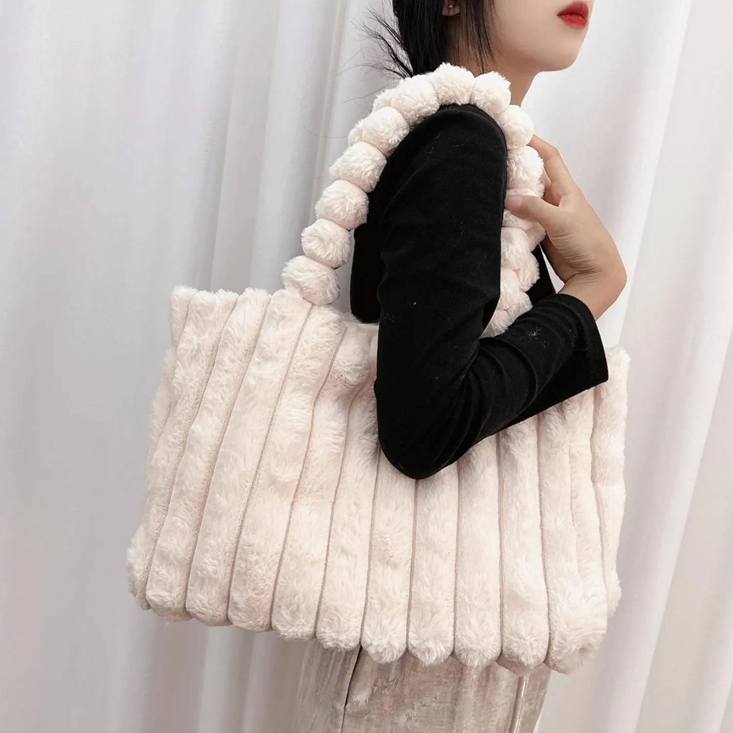 Women Ladies Cute Bear Plush Shoulder Bag Large Tote Handbag Purse Faux Fur Shopping Dating Bag
