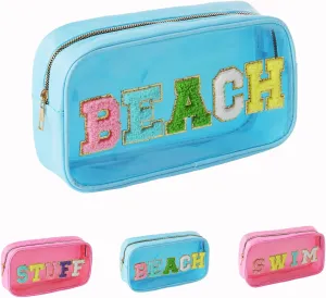 Women Nylon Transparent PVC Makeup Bag with Sewing on BEACH Chenille Letters- Waterproof Visible Cosmetic Organizer for Swimming Pool & Travel, Trendy Toiletry Pouch for Girls (BLUE-BEACH)