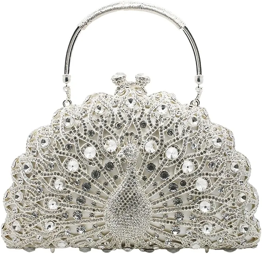 Women Peacock Crystal Clutch Purse Sparkling Rhinestone Handbag Ladies Luxury Evening Bag Wedding Party Purse, Silver