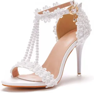 Womens Beaded High Heels 9cm Stiletto Lace Crystal Wedding Shoes Open Toe Rhinestones Bridal Shoes Sandals Ankle Strap Bridesmaid Court Pumps Shoes Prom Evening Party