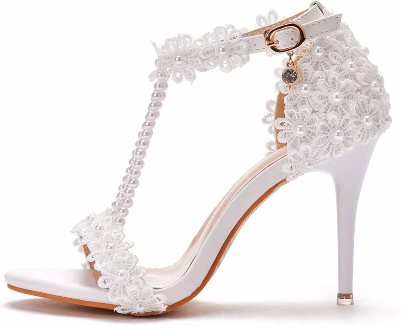 Womens Beaded High Heels 9cm Stiletto Lace Crystal Wedding Shoes Open Toe Rhinestones Bridal Shoes Sandals Ankle Strap Bridesmaid Court Pumps Shoes Prom Evening Party