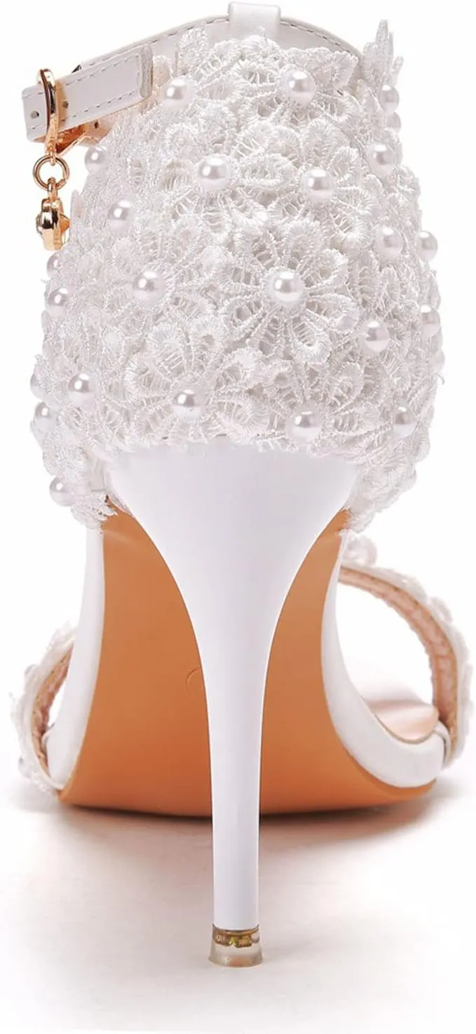 Womens Beaded High Heels 9cm Stiletto Lace Crystal Wedding Shoes Open Toe Rhinestones Bridal Shoes Sandals Ankle Strap Bridesmaid Court Pumps Shoes Prom Evening Party