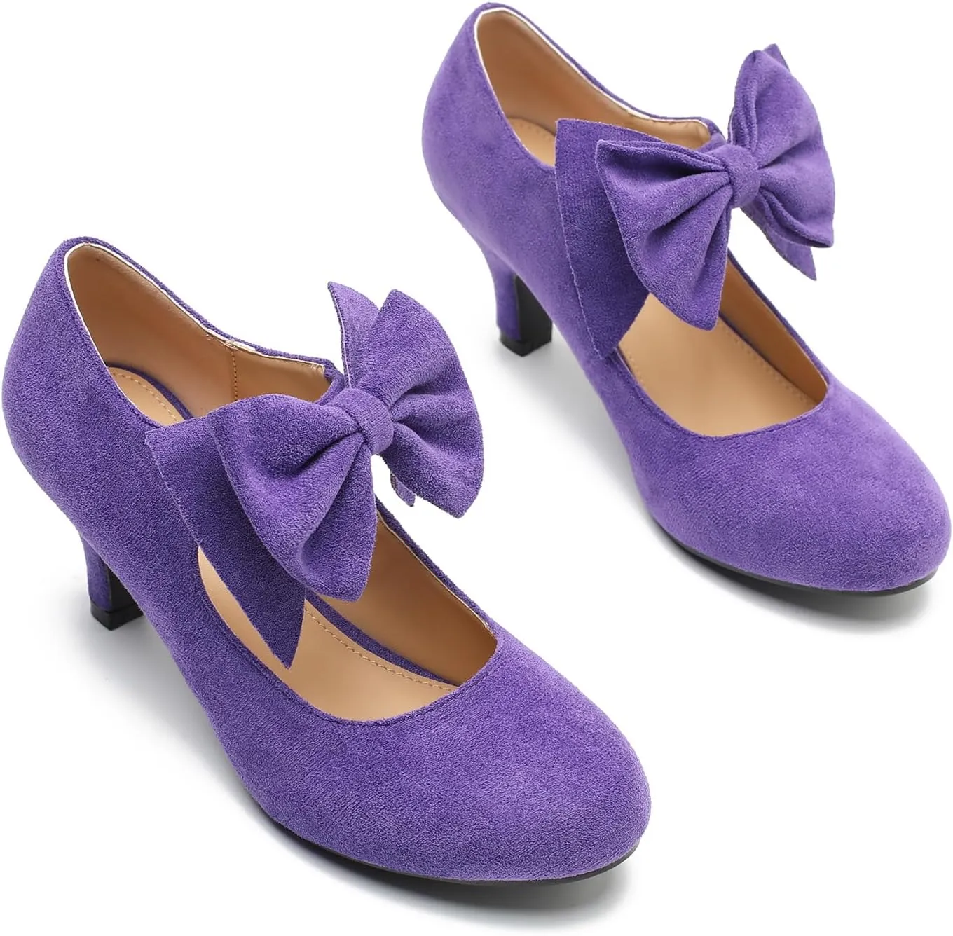 Women's Bow Mary Jane Kitten Heels Pumps Round Toe Low Heels Ankle Strap Dress Evening Party Shoes