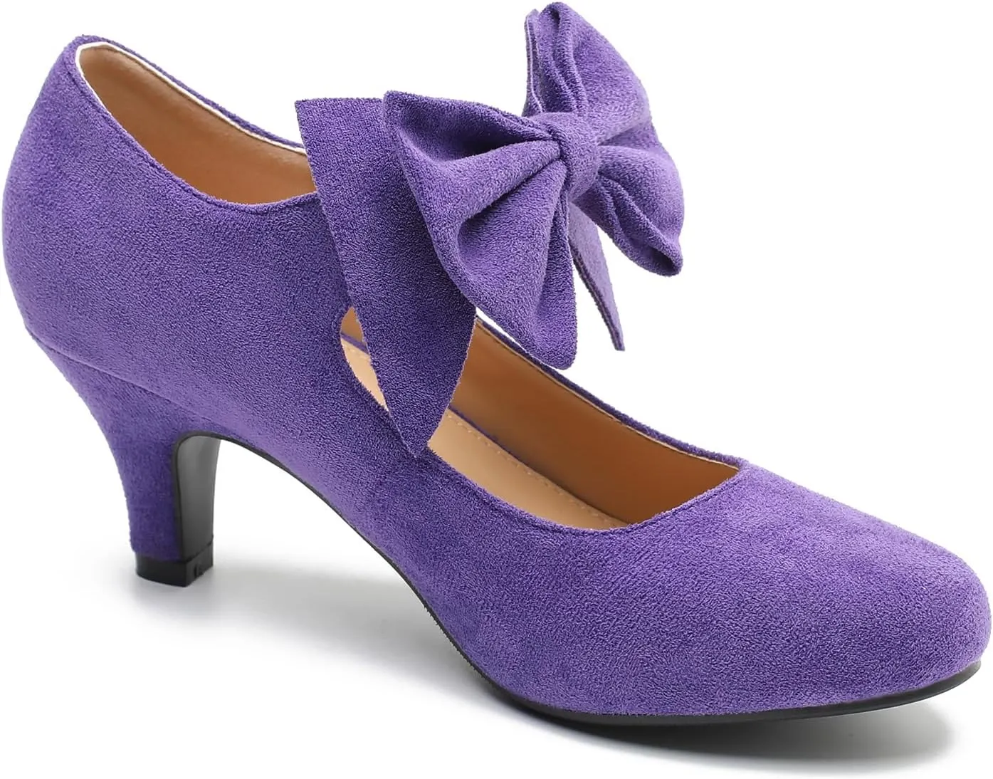 Women's Bow Mary Jane Kitten Heels Pumps Round Toe Low Heels Ankle Strap Dress Evening Party Shoes