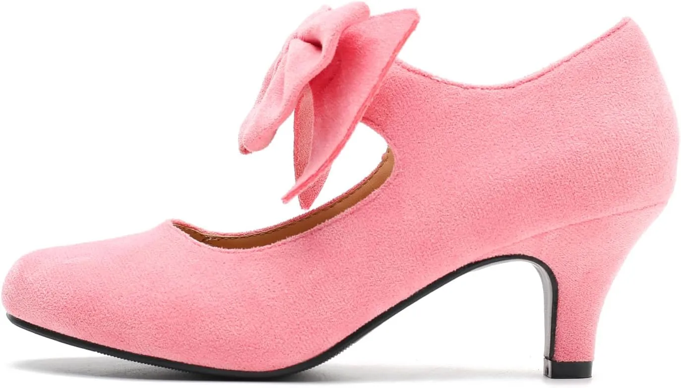 Women's Bow Mary Jane Kitten Heels Pumps Round Toe Low Heels Ankle Strap Dress Evening Party Shoes