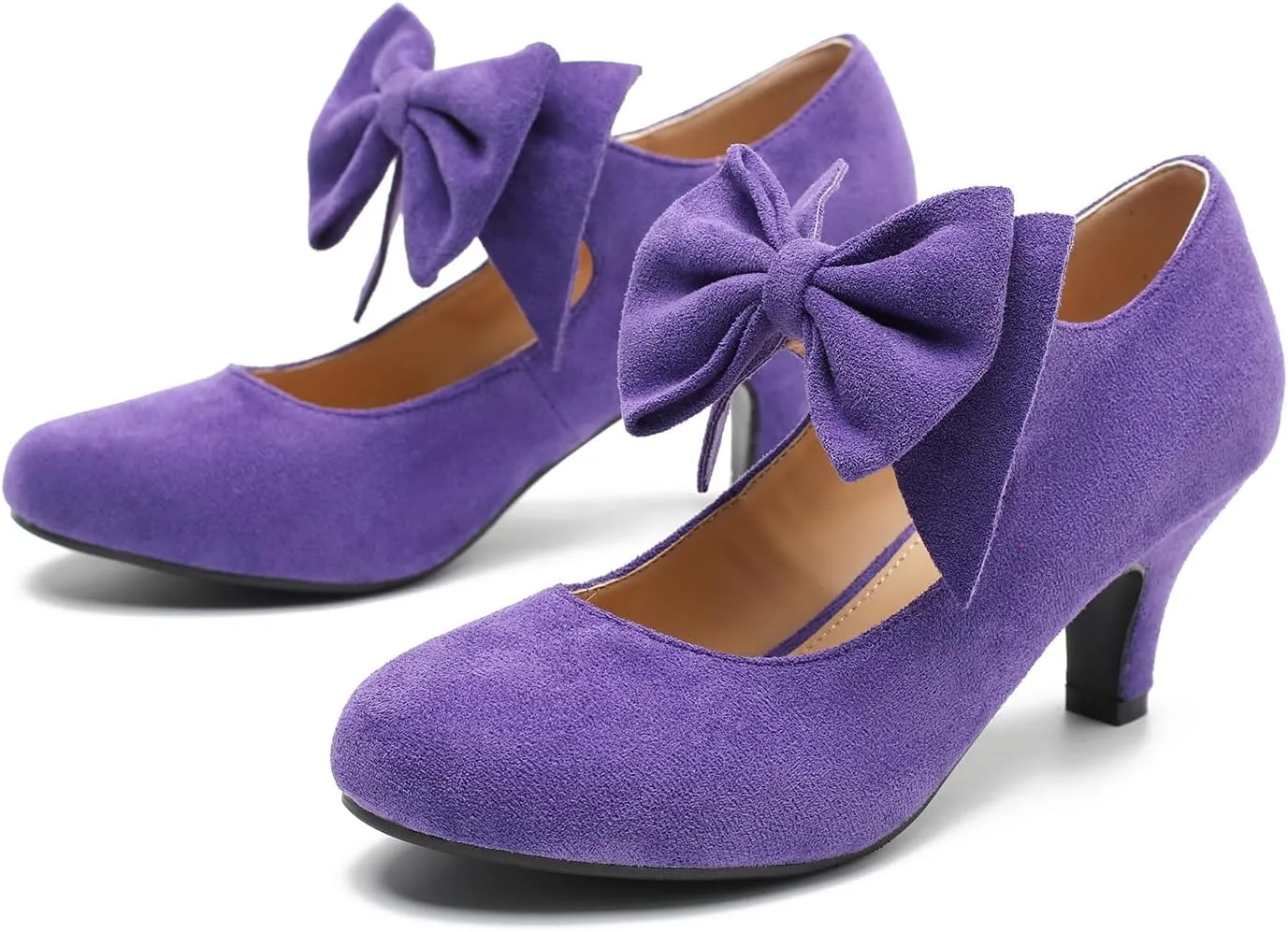 Women's Bow Mary Jane Kitten Heels Pumps Round Toe Low Heels Ankle Strap Dress Evening Party Shoes