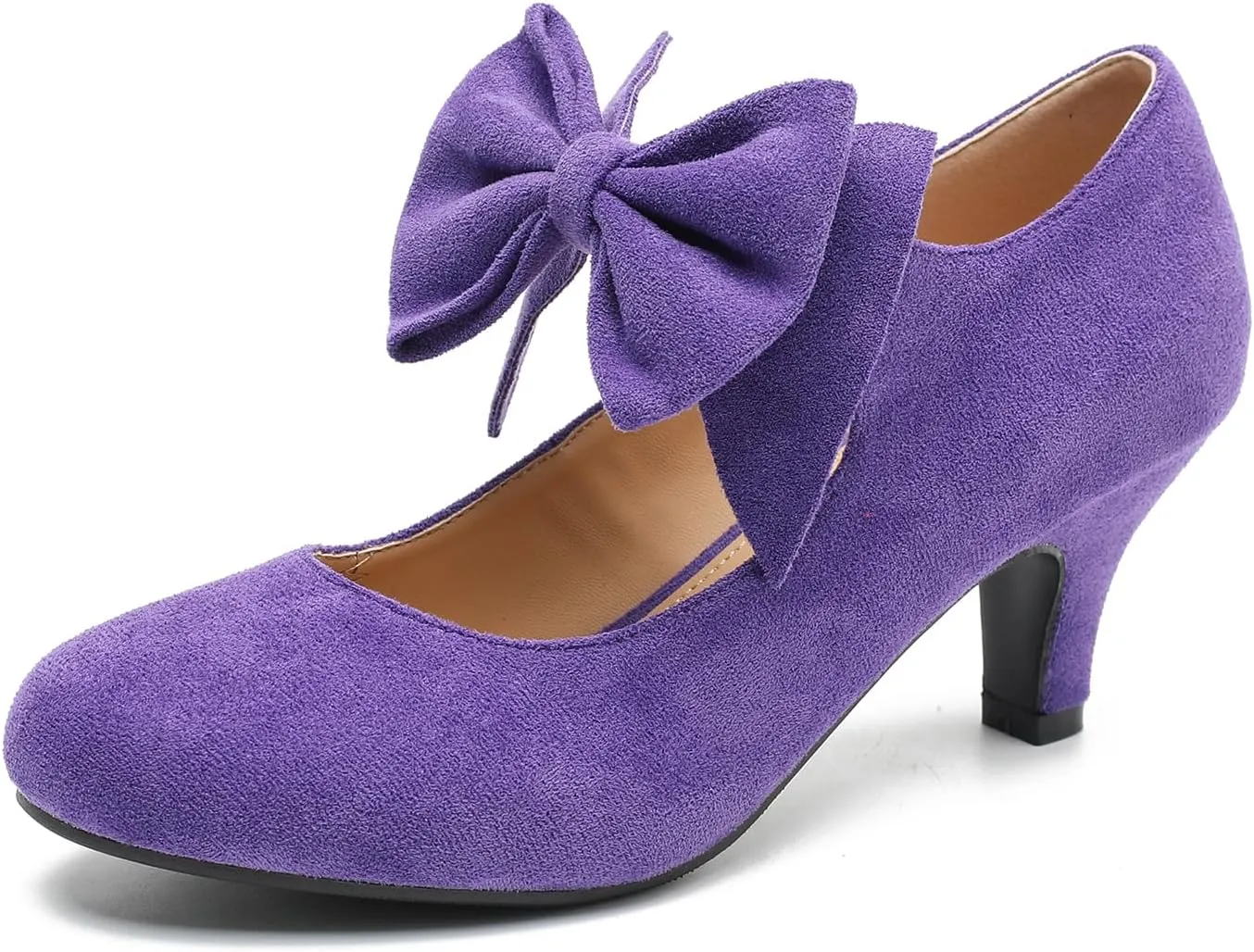 Women's Bow Mary Jane Kitten Heels Pumps Round Toe Low Heels Ankle Strap Dress Evening Party Shoes