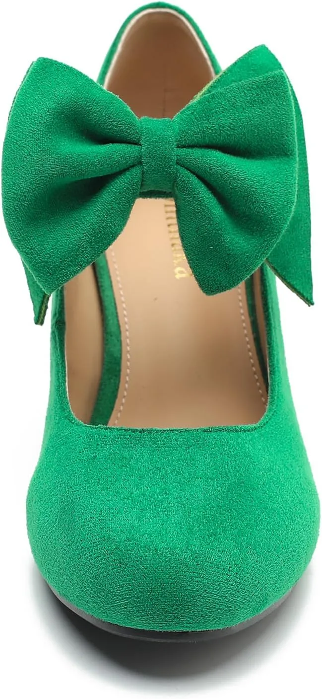 Women's Bow Mary Jane Kitten Heels Pumps Round Toe Low Heels Ankle Strap Dress Evening Party Shoes