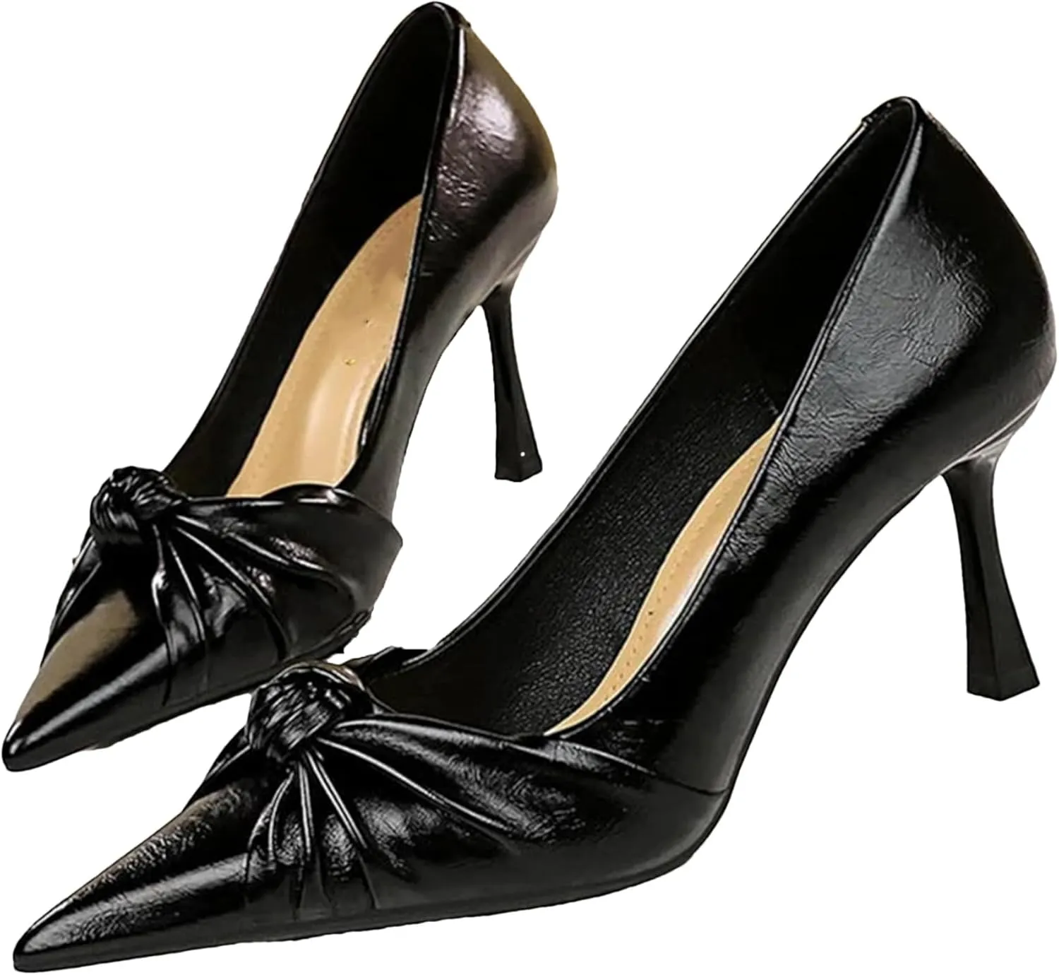Women's Cute Bow Tie Pleated Leather High Heel Pumps Fashion Pointed Closed Toe Red Stiletto Heels Bridal Wedding Shoes