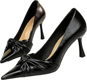 Women's Cute Bow Tie Pleated Leather High Heel Pumps Fashion Pointed Closed Toe Red Stiletto Heels Bridal Wedding Shoes