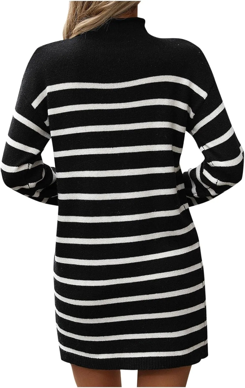Womens Dresses Fall 2024 Rib Cotton Knit Striped Casual Sweater Dress High Neck Loose Long Sleeve Bodycon Mini Dress