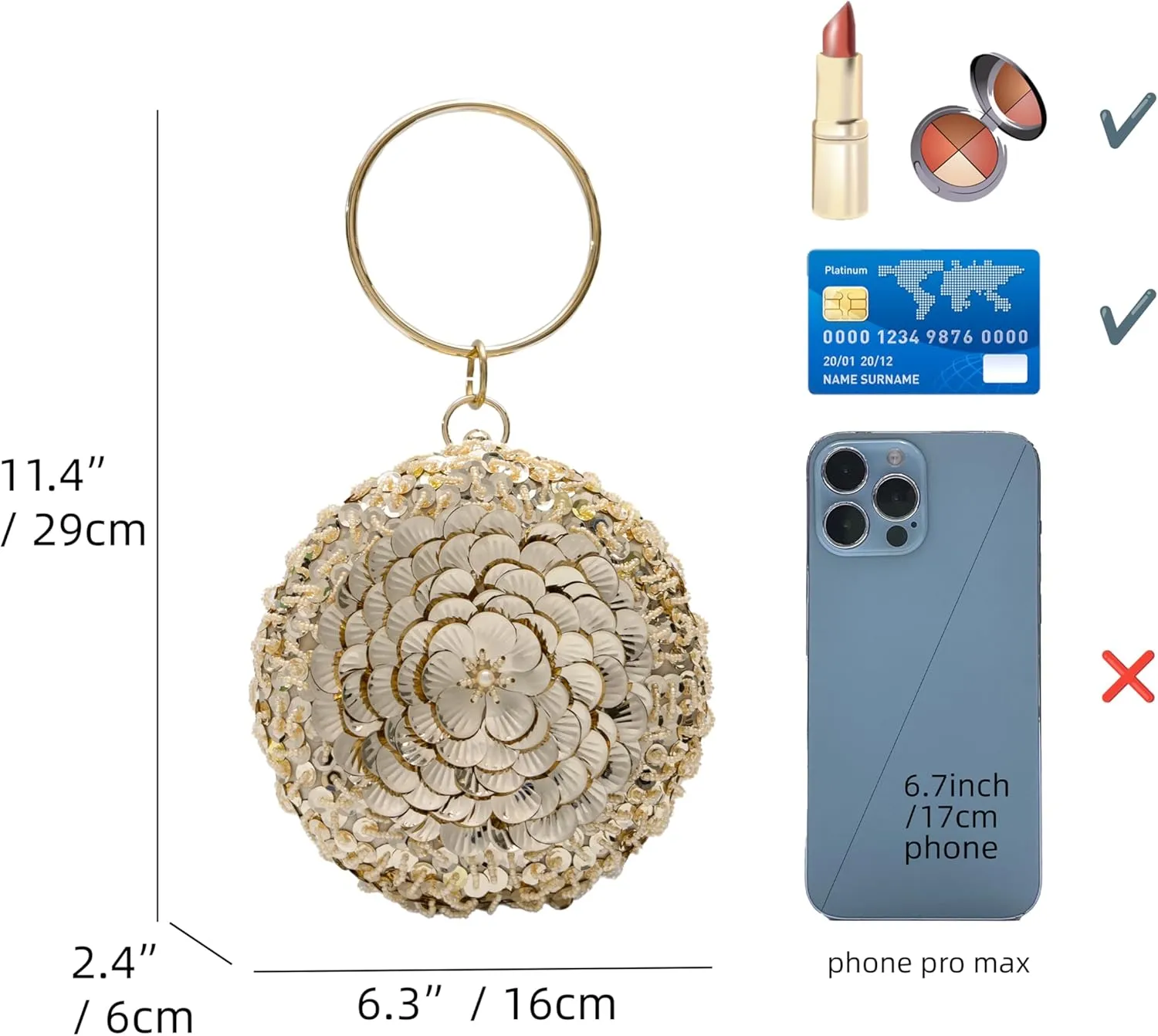 Women's Elegant Round Beaded Floral Sequin Evening Bag for Weddings, Parties, Formal Events and Outings