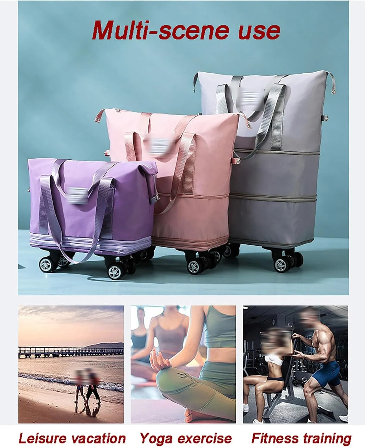 Women's Expandable Wheeled Duffle Bag - Large Capacity with 360° Spinner Wheels & Detachable Packing Cubes, Carry-On Luggage for Short Trips, Gym, Weekend Getaway(Purple)