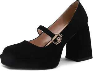 Women's Fashion Chunky Mary Jane Pumps with Round Buckle Vintage Suede Closed Square Toe Block High Heel Platform Pumps Comfort Wedding Dress Evening Party Shoes