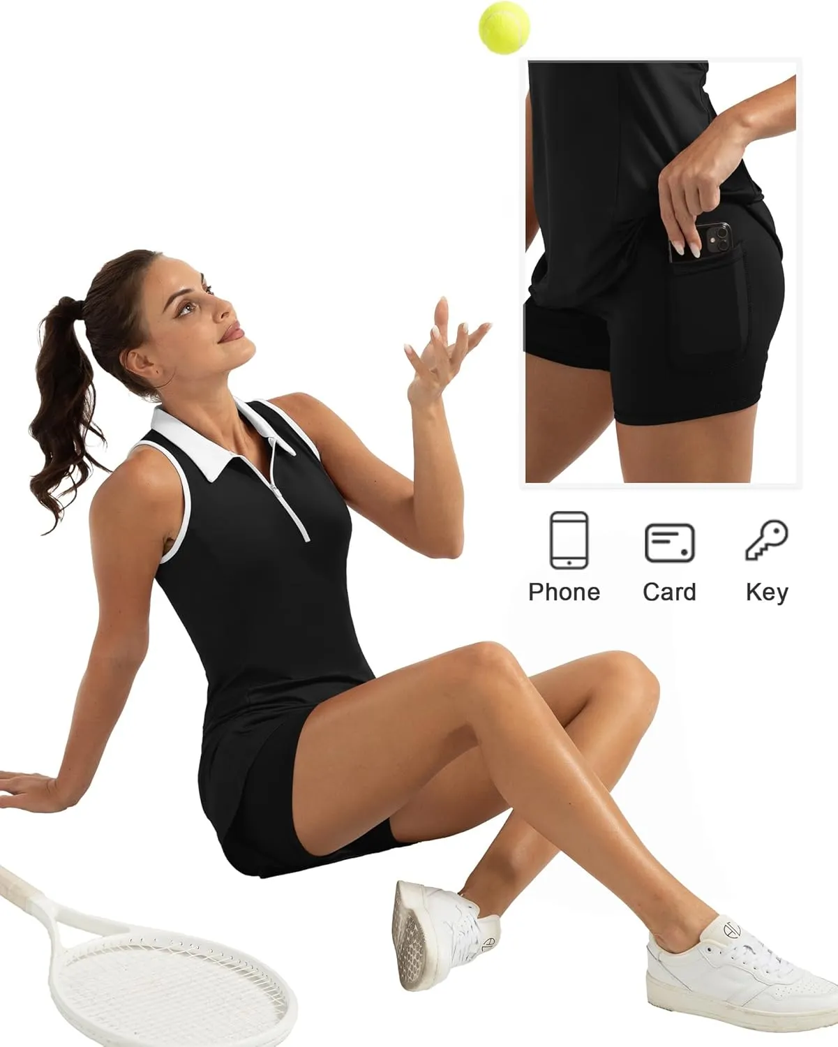 Women's Golf Tennis Dress Sport Activewear Zipper V-Neck with Shorts and Pocket Workout Athletic