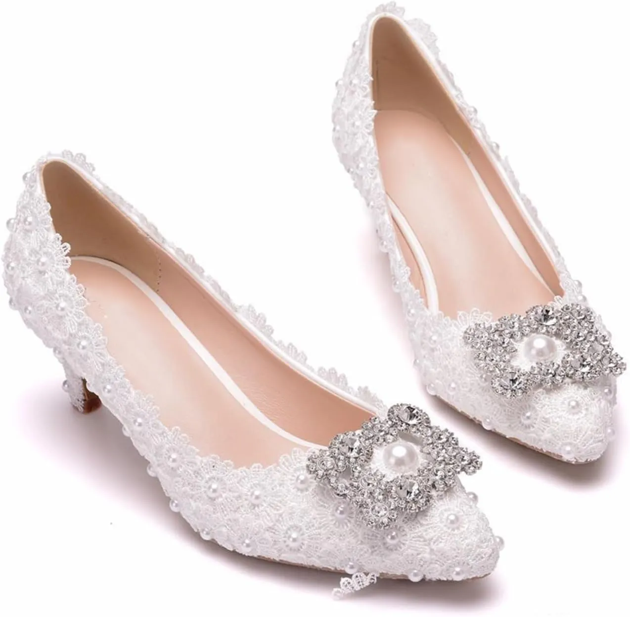 Women's High Heels, Ladies Court Shoes 5 Cm White Square Buckle Rhinestone Lace Beaded Shallow Mouth Shoes Pumps Comfortable Slip-on Pointed Toe Low Heeled Shoes, 36 EU,White