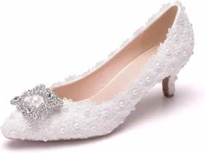 Women's High Heels, Ladies Court Shoes 5 Cm White Square Buckle Rhinestone Lace Beaded Shallow Mouth Shoes Pumps Comfortable Slip-on Pointed Toe Low Heeled Shoes, 36 EU,White