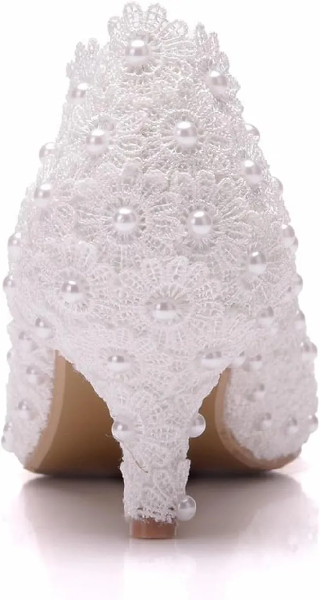 Women's High Heels, Ladies Court Shoes 5 Cm White Square Buckle Rhinestone Lace Beaded Shallow Mouth Shoes Pumps Comfortable Slip-on Pointed Toe Low Heeled Shoes, 36 EU,White