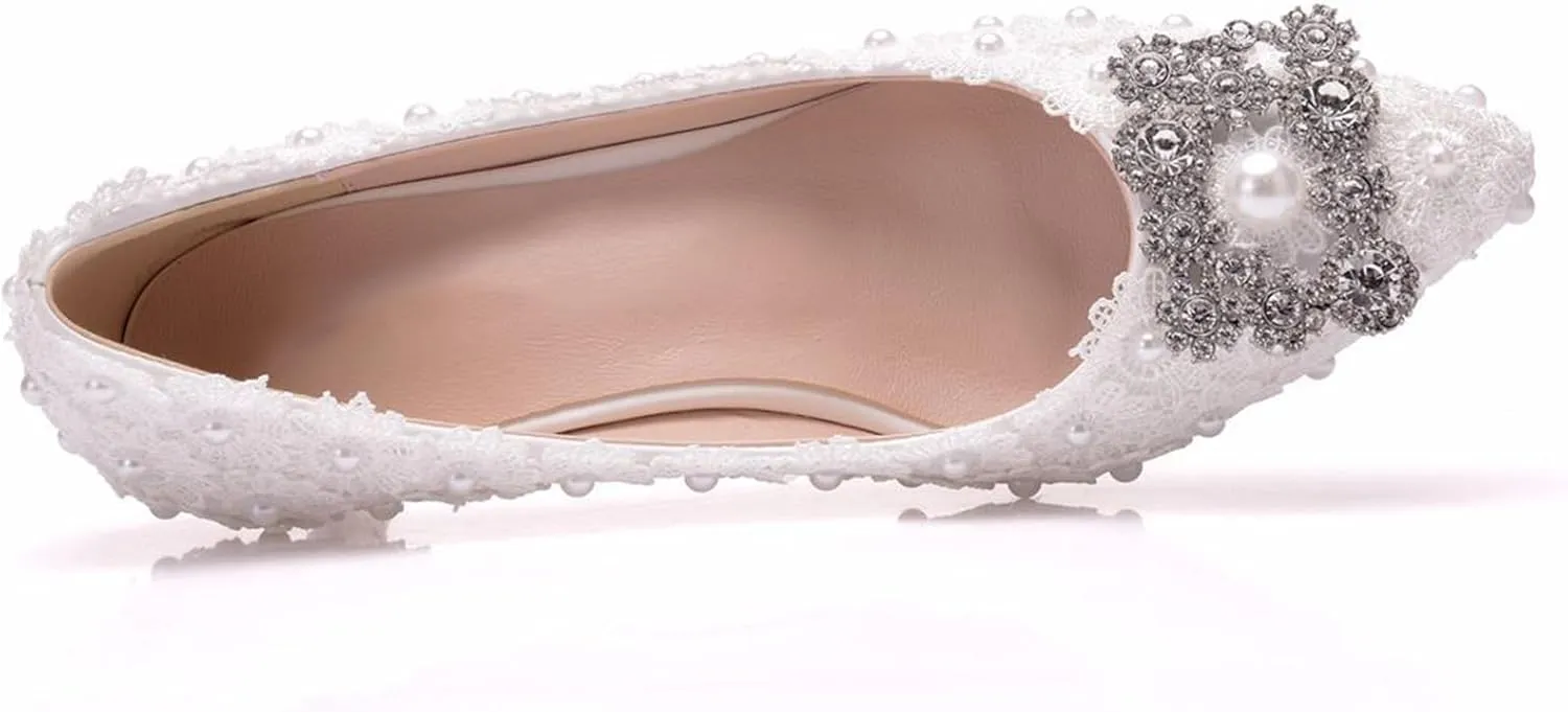 Women's High Heels, Ladies Court Shoes 5 Cm White Square Buckle Rhinestone Lace Beaded Shallow Mouth Shoes Pumps Comfortable Slip-on Pointed Toe Low Heeled Shoes, 36 EU,White