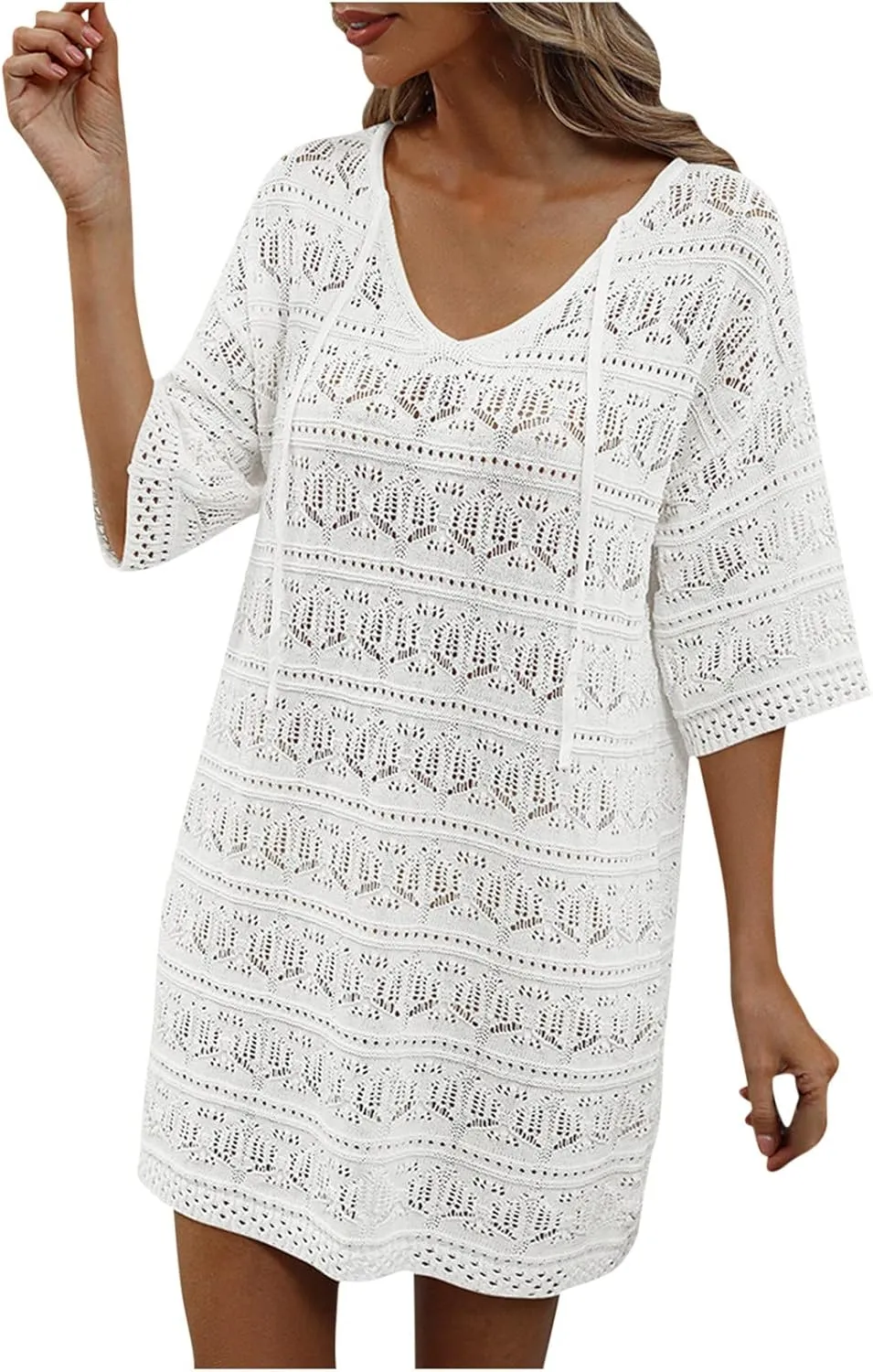 Women's Lace Crochet Mini Dress Summer Hollow Out Half Sleeve Sundress Knitted Bathing Suit Swimwear Cover Ups