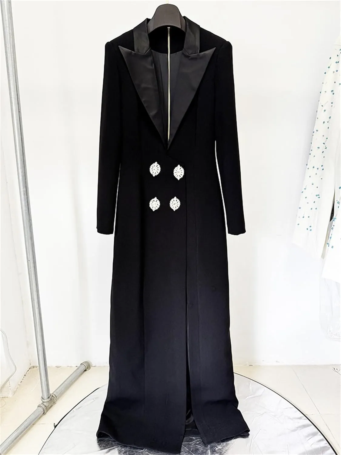 Women's Long Jacket Dress Sexy V Neck Diamonds Button Split Slim Blazer Dresses Evening Party Gowns