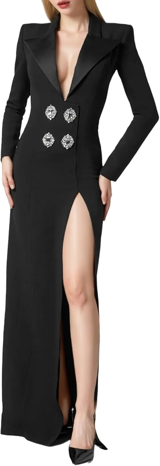 Women's Long Jacket Dress Sexy V Neck Diamonds Button Split Slim Blazer Dresses Evening Party Gowns