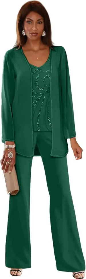 Women's Pantsuit 3 Piece Chiffon Beaded Mother of The Groom Dresses with Jacket LS101