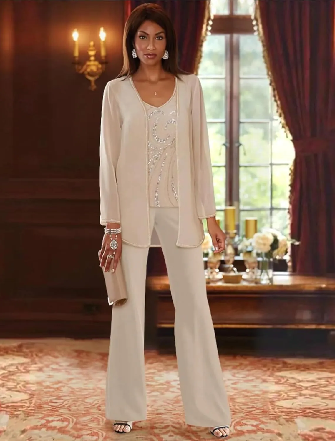 Women's Pantsuit 3 Piece Chiffon Beaded Mother of The Groom Dresses with Jacket LS101