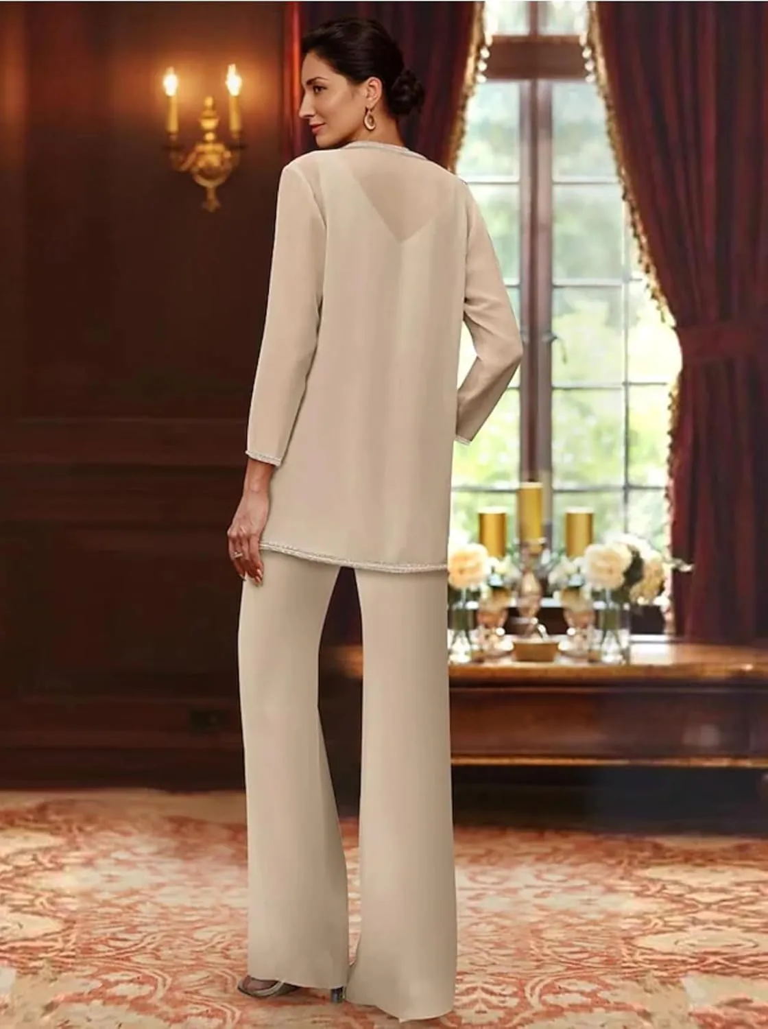 Women's Pantsuit 3 Piece Chiffon Beaded Mother of The Groom Dresses with Jacket LS101
