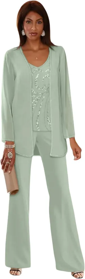 Women's Pantsuit 3 Piece Chiffon Beaded Mother of The Groom Dresses with Jacket LS101