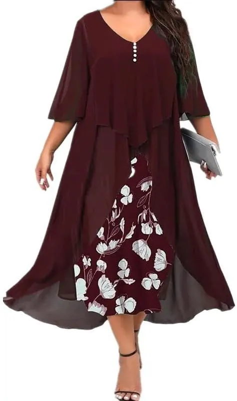 Women's Plus Size Elegant Flowy Chiffon Floral Maxi Dress V Neck Cocktail Party Wedding Guest Dresses