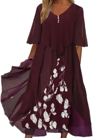 Women's Plus Size Elegant Flowy Chiffon Floral Maxi Dress V Neck Cocktail Party Wedding Guest Dresses