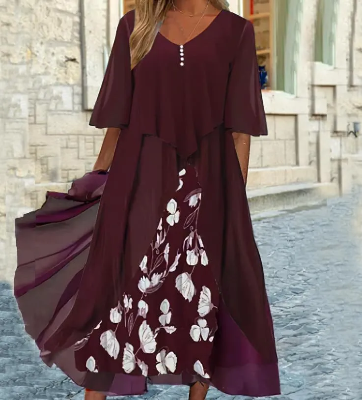 Women's Plus Size Elegant Flowy Chiffon Floral Maxi Dress V Neck Cocktail Party Wedding Guest Dresses