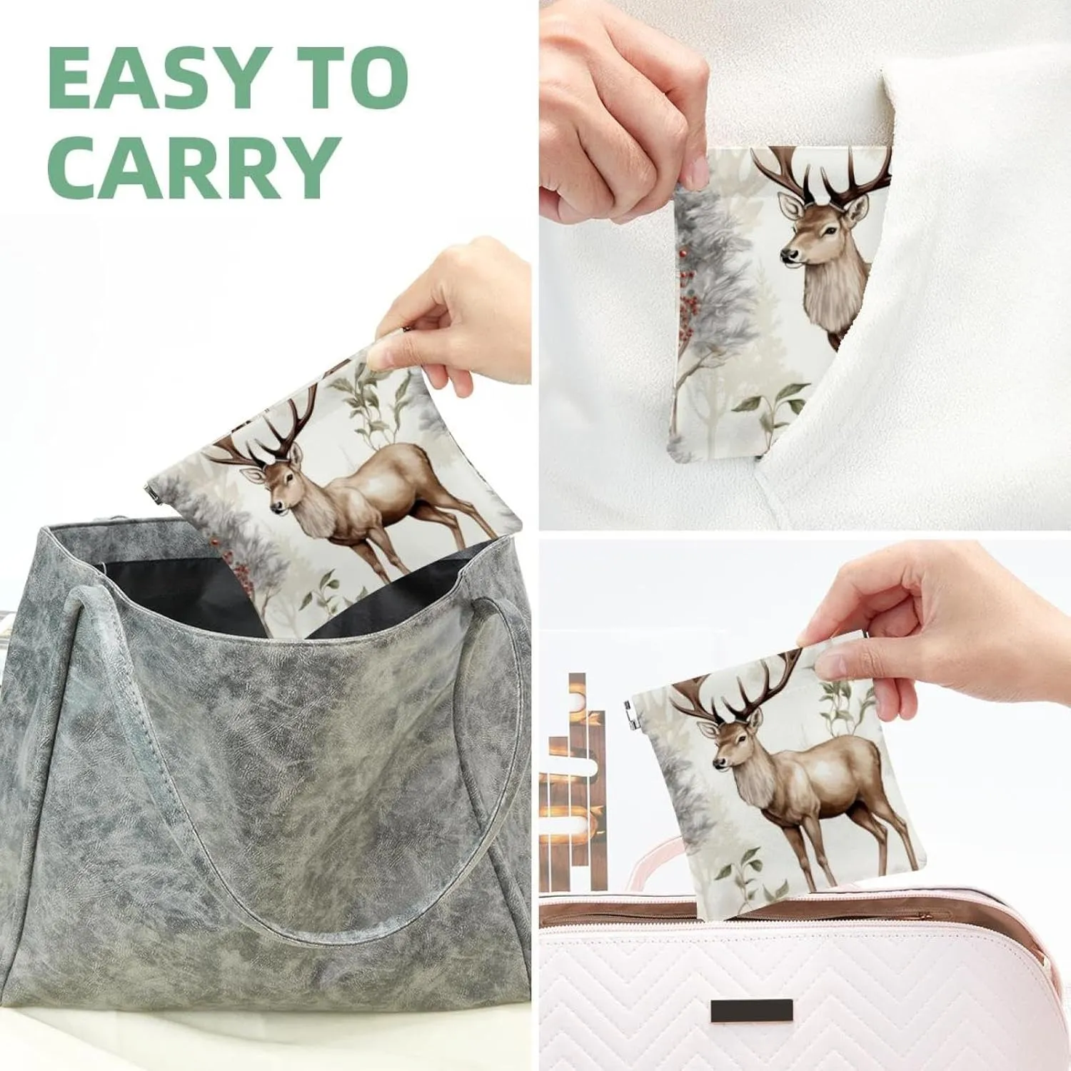 Women’s Pocket Cosmetic Bags, Waterproof Leather Makeup Bag No Zipper Self-Closing Makeup Pouch for Girls, Mini Bag for Purse - Cute Christmas Elk-14