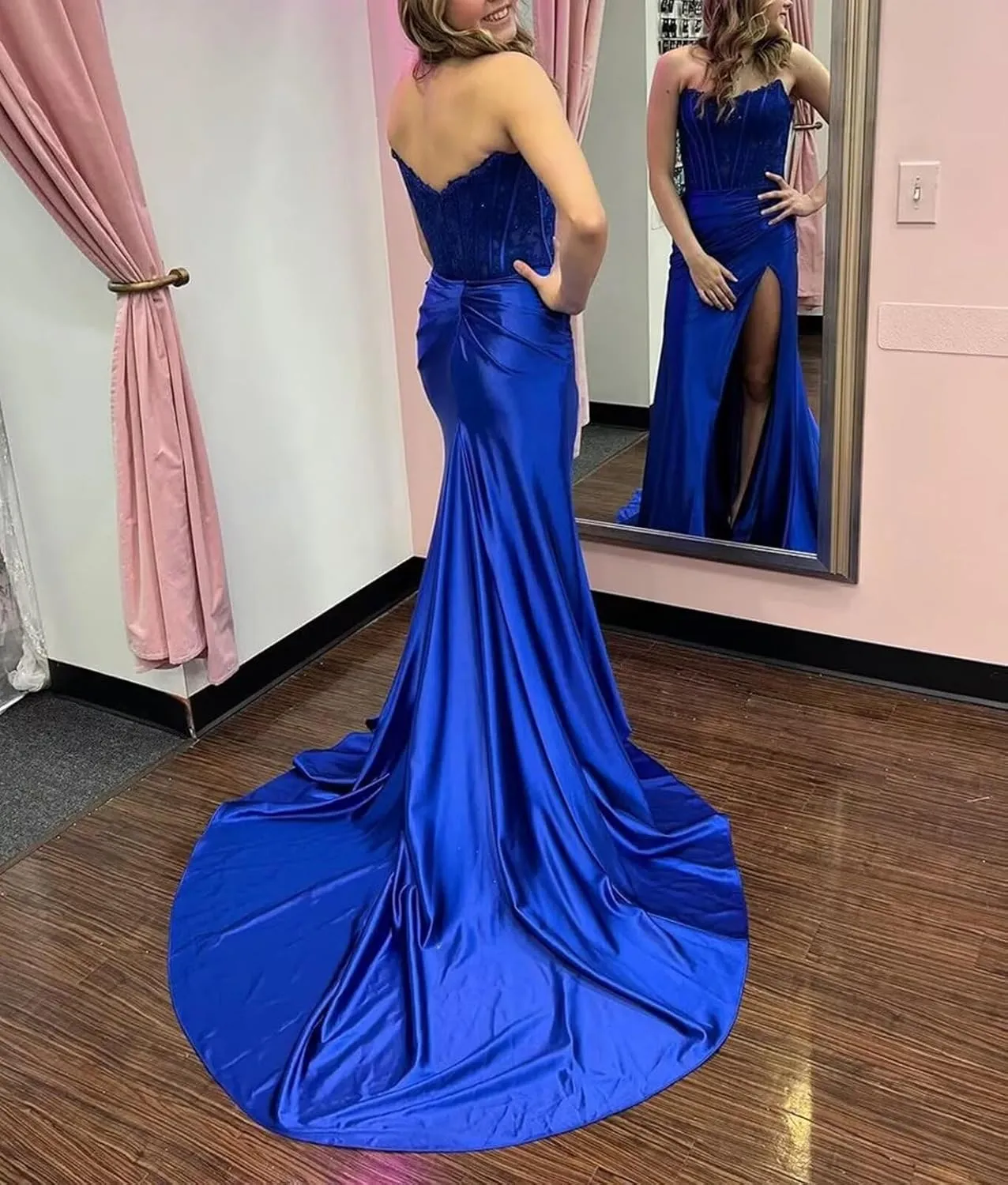 Women's Strapless Satin Prom Dress Long Mermaid Lace Corset Evening Formal Gowns with Slit