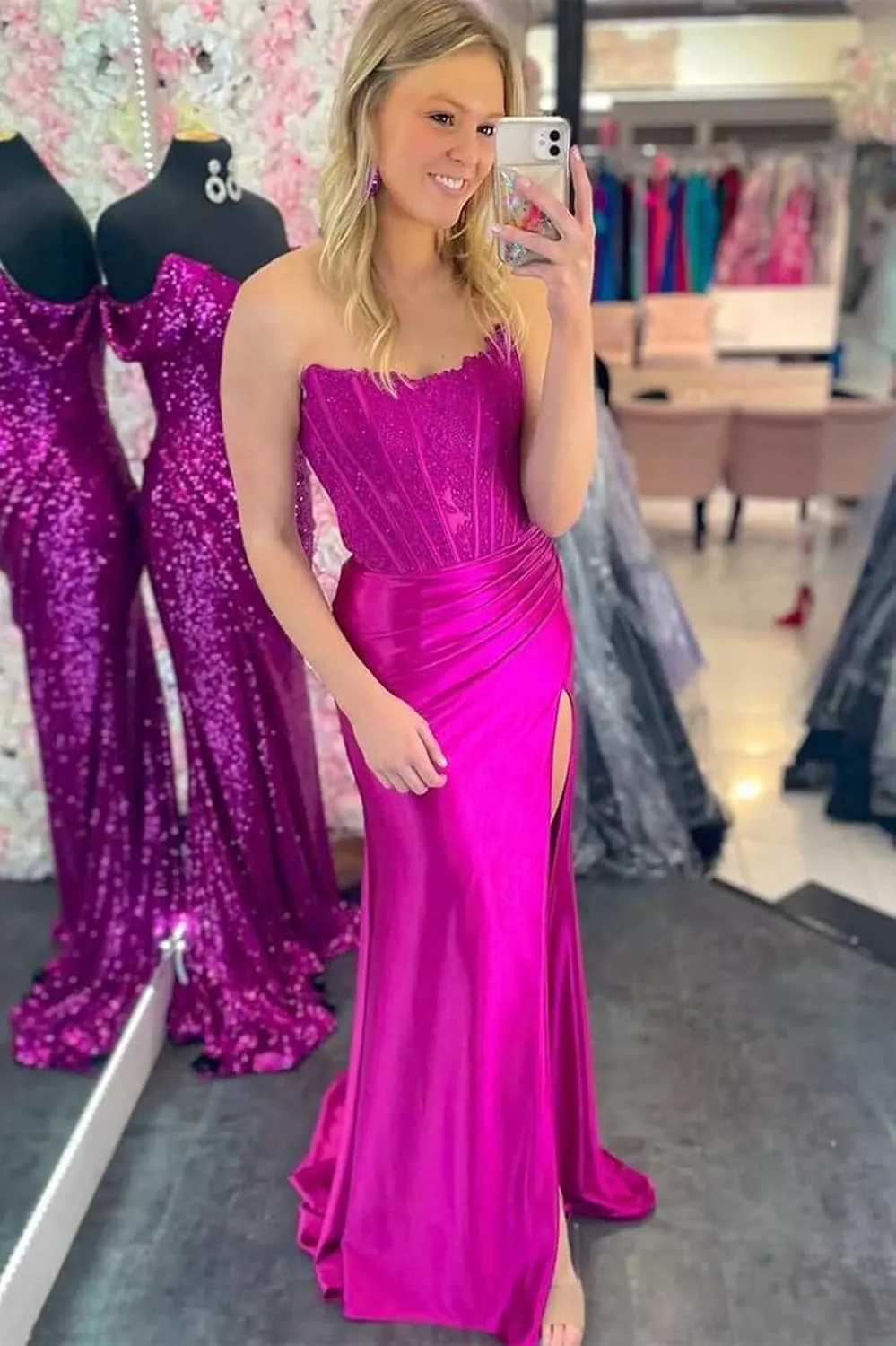 Women's Strapless Satin Prom Dress Long Mermaid Lace Corset Evening Formal Gowns with Slit