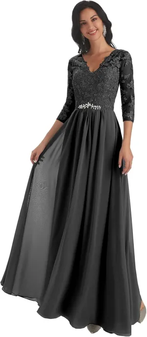 Women's V-Neck Lace Appliques Chiffon Mother of The Bride Dress with Sleeves Long Evening Formal Dress