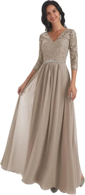 Women's V-Neck Lace Appliques Chiffon Mother of The Bride Dress with Sleeves Long Evening Formal Dress