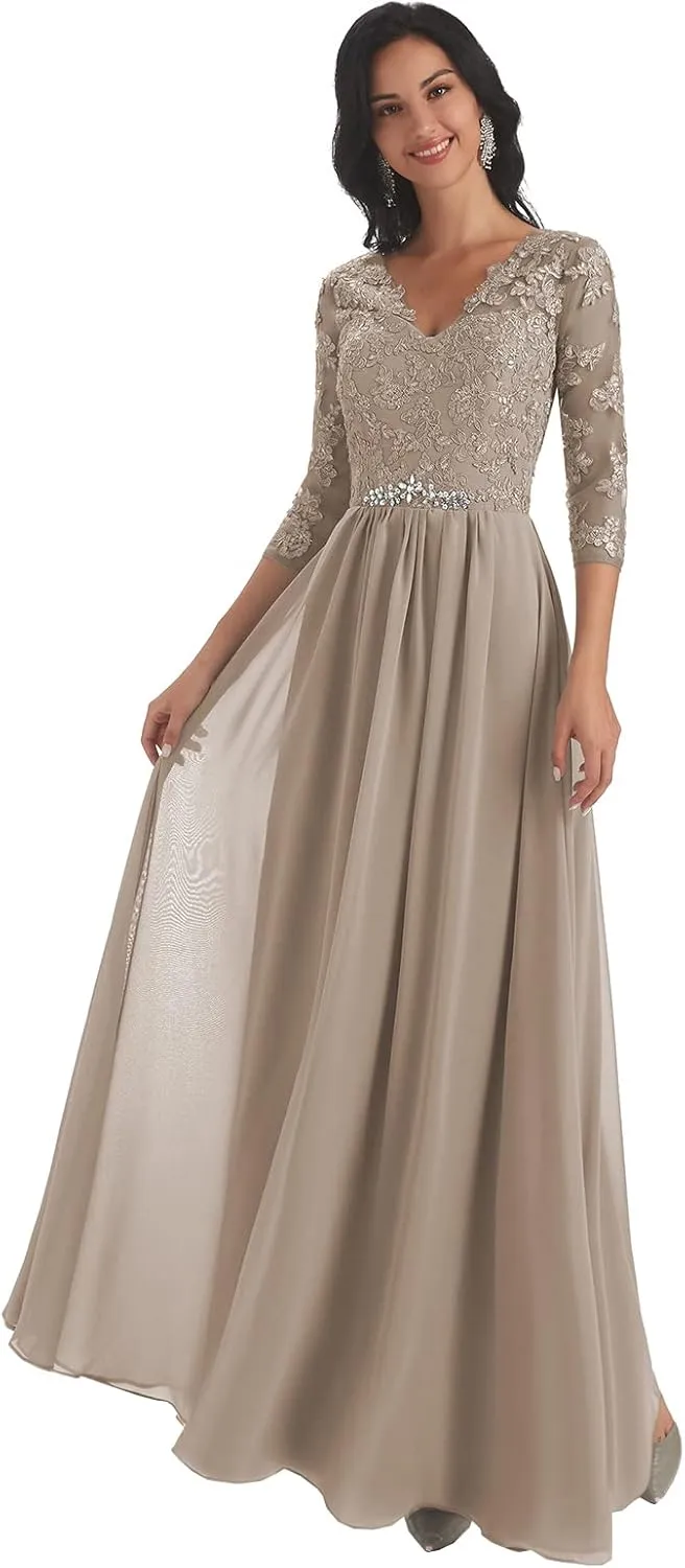 Women's V-Neck Lace Appliques Chiffon Mother of The Bride Dress with Sleeves Long Evening Formal Dress