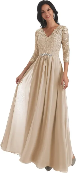 Women's V-Neck Lace Appliques Chiffon Mother of The Bride Dress with Sleeves Long Evening Formal Dress