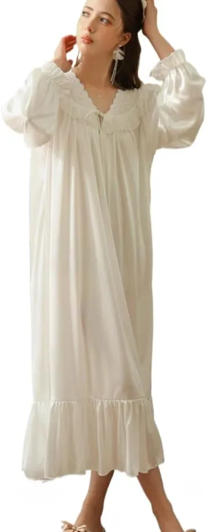 Women's Victorian Nightgown Lace Trim Vintage Nightdress Nightwear Retro Long Sleeve Pajama Dress Soft Loungewear