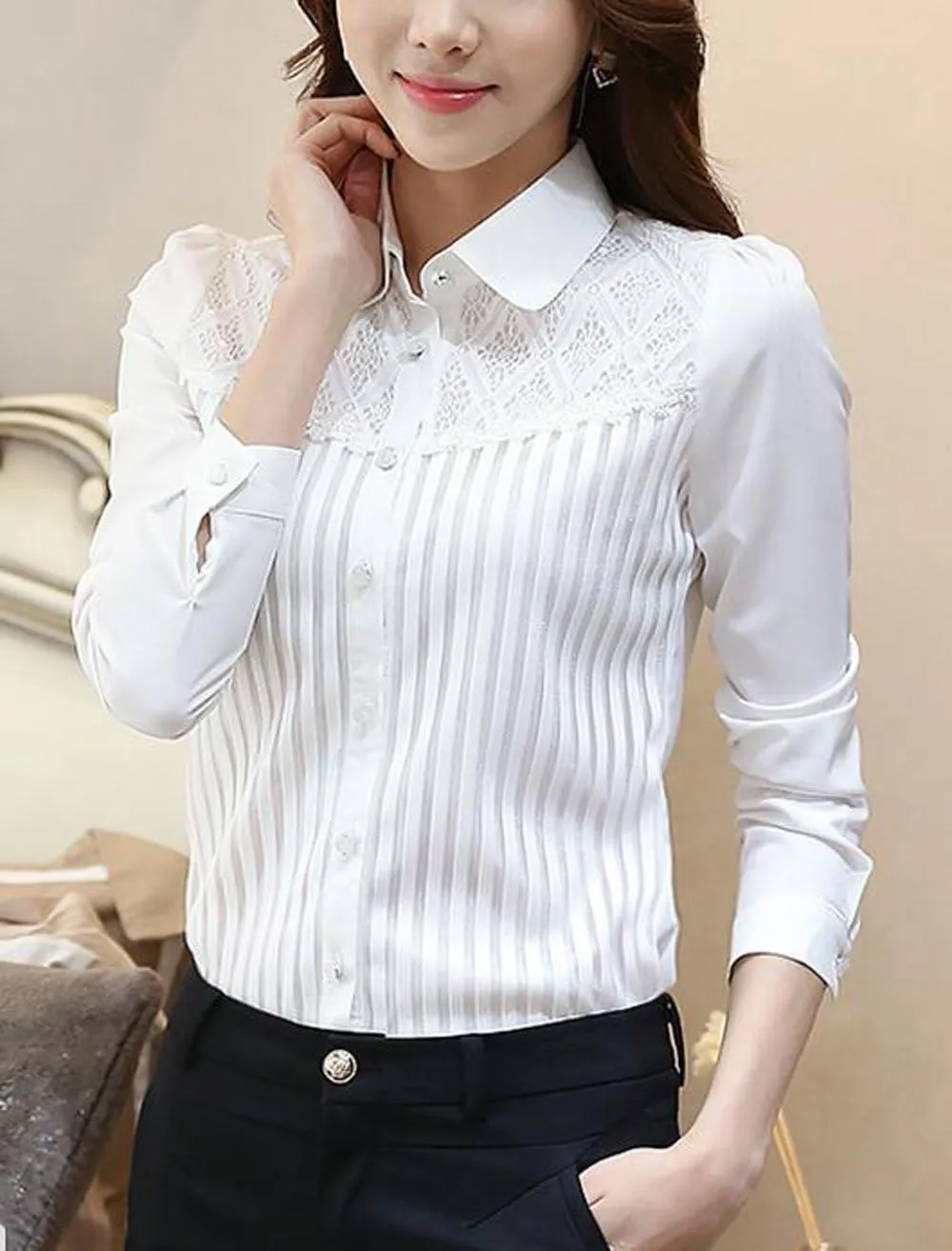 Womens Vintage Victorian Pleated Button Down Shirt Long Sleeve Stretch Blouse
