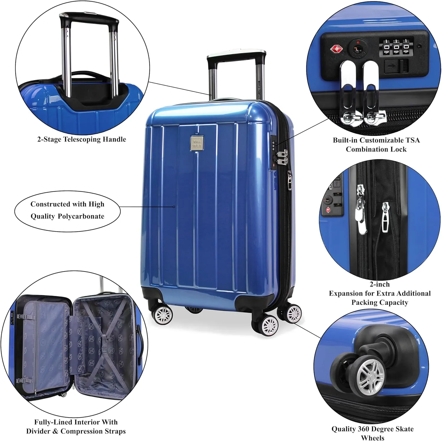 World Traveler Contour Lightweight Polycarbonate Hardside Expandable Spinner Luggage with TSA Lock, Blue, 2-Piece Set(20in,24in)