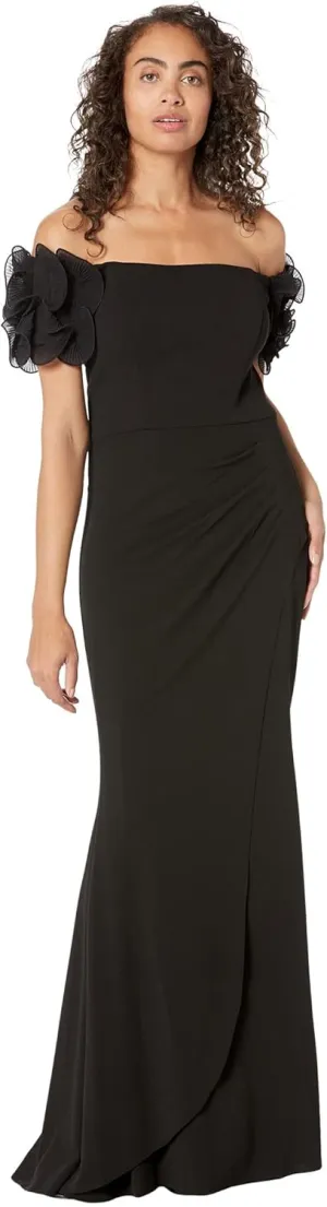 Xscape Long Scuba Crepe Off-The-Shoulder Wire Flower