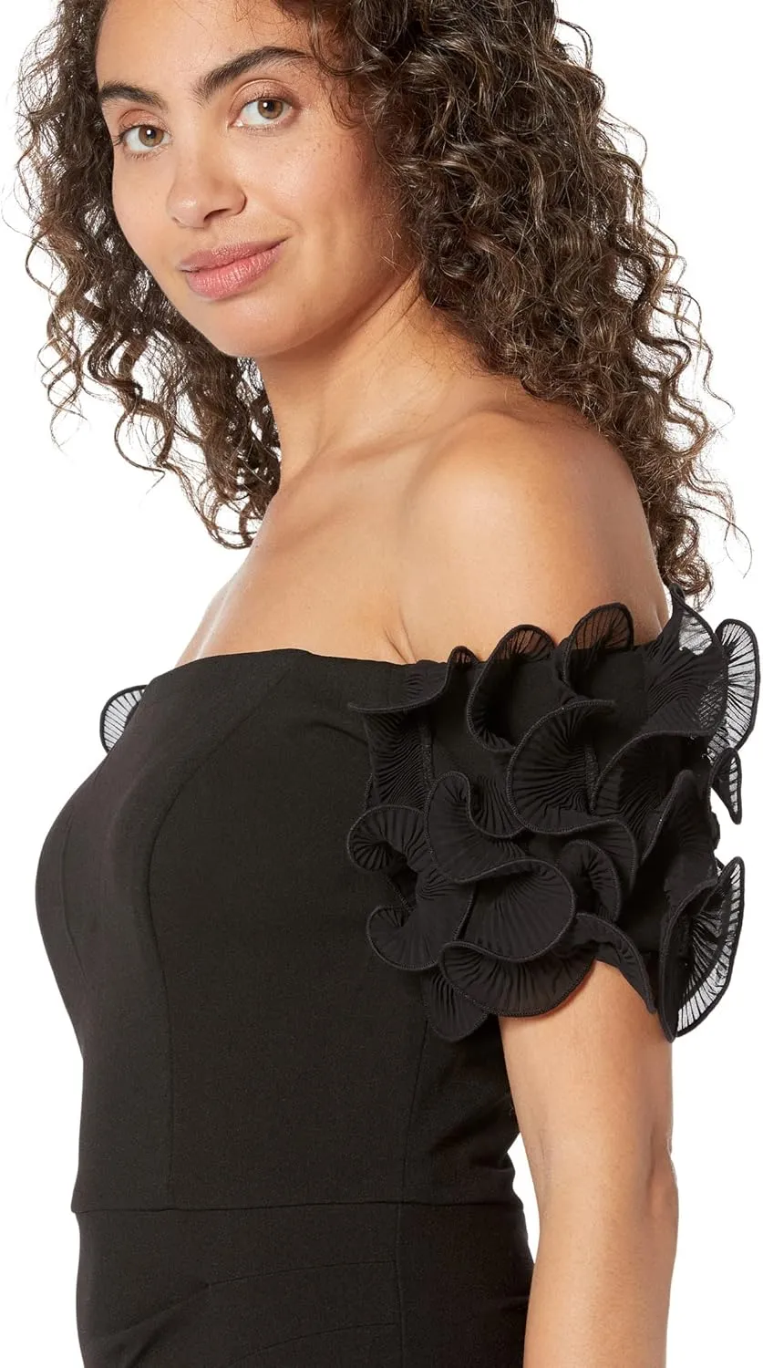 Xscape Long Scuba Crepe Off-The-Shoulder Wire Flower