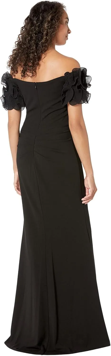 Xscape Long Scuba Crepe Off-The-Shoulder Wire Flower