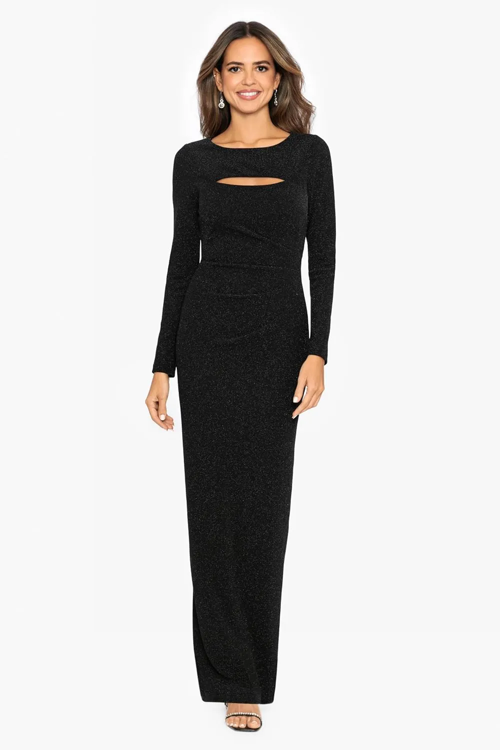 Xscape Women's Long Sleeve Glitter Knit Ruched Back Dress with Side Slit Special Occasion