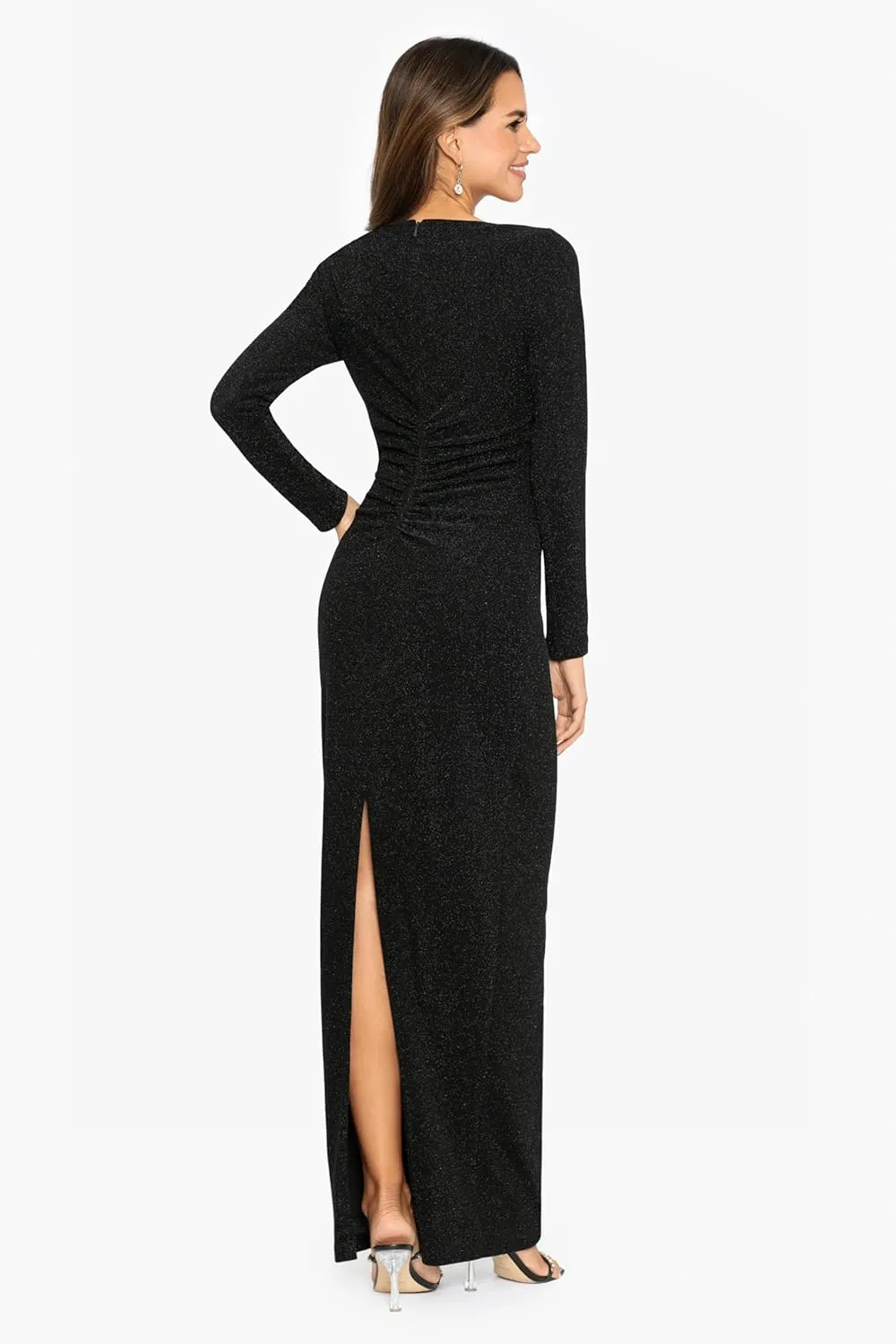 Xscape Women's Long Sleeve Glitter Knit Ruched Back Dress with Side Slit Special Occasion
